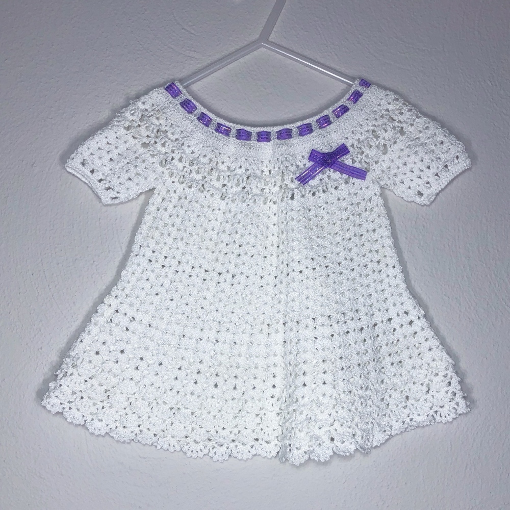 purple and white crochet dress